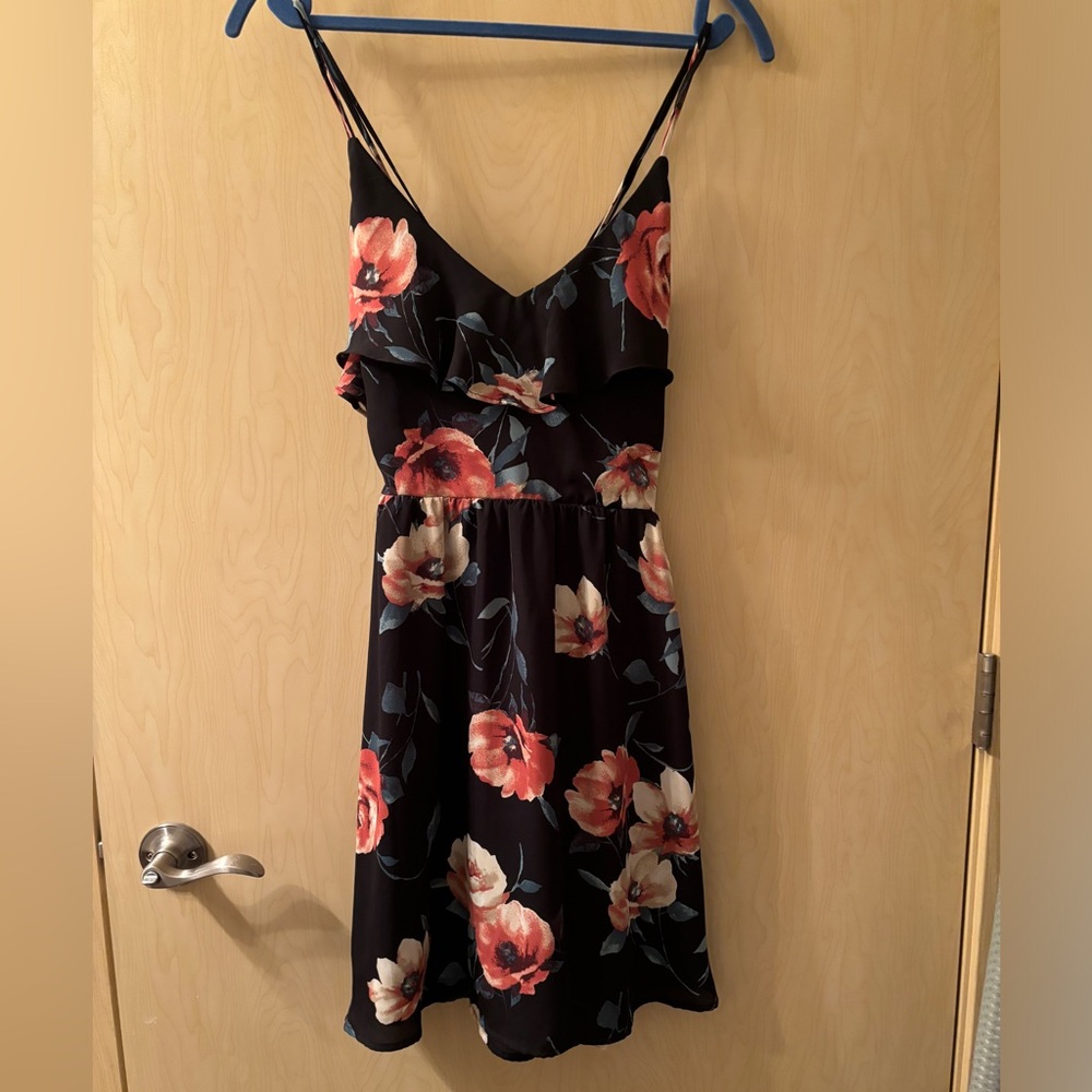 Black and Pink Floral V-Neck Dress